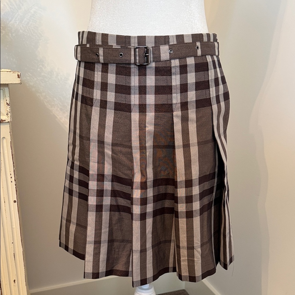 Burberry Brown and Beige Plaid Belted Skirt